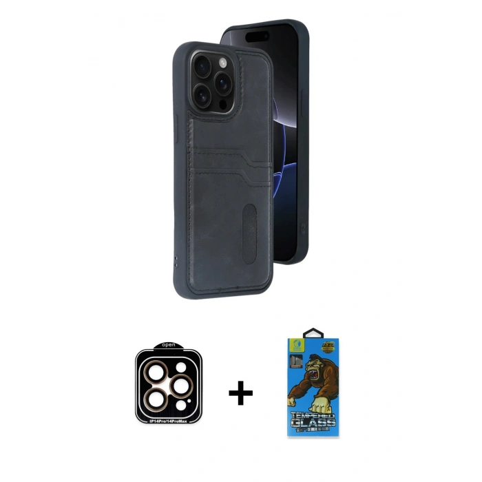 MARSİLYAN™- iPhone 14 Pro Max Kılıf Yörünge Işık Serisi - Siyah 18D Cam Ekran Koruyucu + PVD Metal Kamera Lens - TU