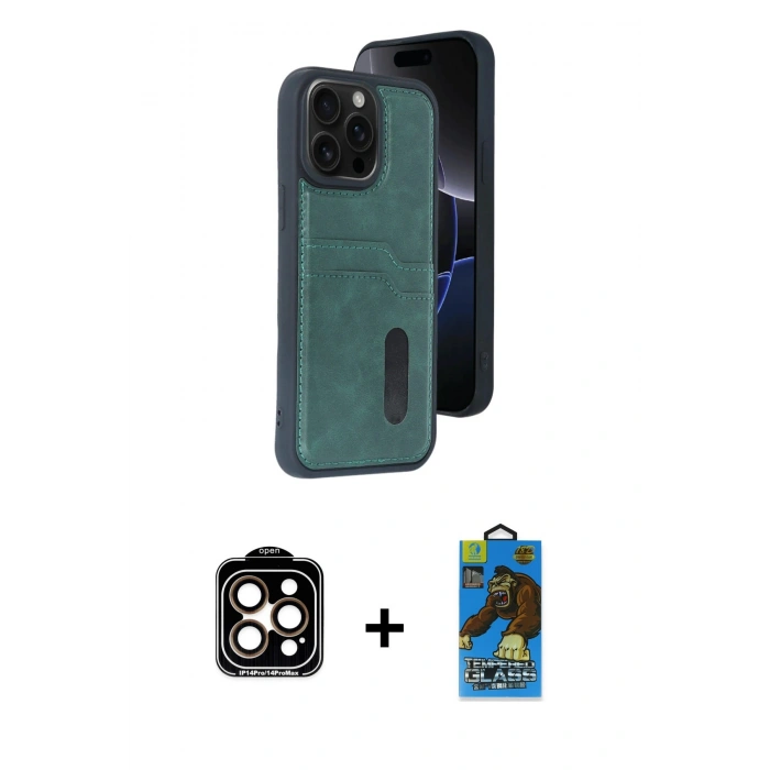 MARSİLYAN™- iPhone 14 Pro Max Kılıf Yörünge Işık Serisi - Siyah 18D Cam Ekran Koruyucu + PVD Metal Kamera Lens - TU