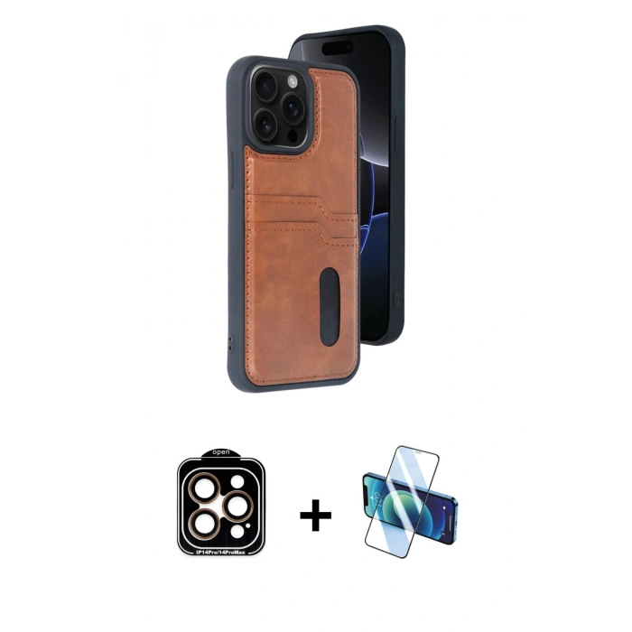 MARSİLYAN™- iPhone 14 Pro Max Kılıf Yörünge Işık Serisi - Siyah 3D Antistatik Cam Ekran Koruyucu + Turuncu PVD Metal Kamera Lens