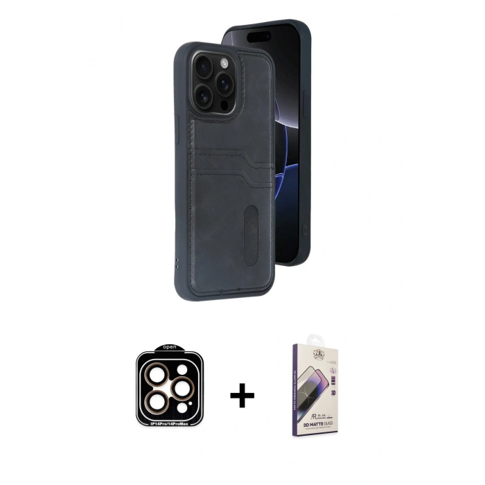 MARSİLYAN™- iPhone 14 Pro Max Kılıf Yörünge Işık Serisi - Siyah Bilvis 3D Mat Cam Ekran Koruyucu + PVD Metal Kamera Lens - TU