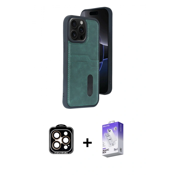 MARSİLYAN™- iPhone 14 Pro Max Kılıf Yörünge Işık Serisi - Siyah Bilvis 5in1 3D Magic Cam Ekran Koruyucu + PVD Metal Kamera Lens - TU