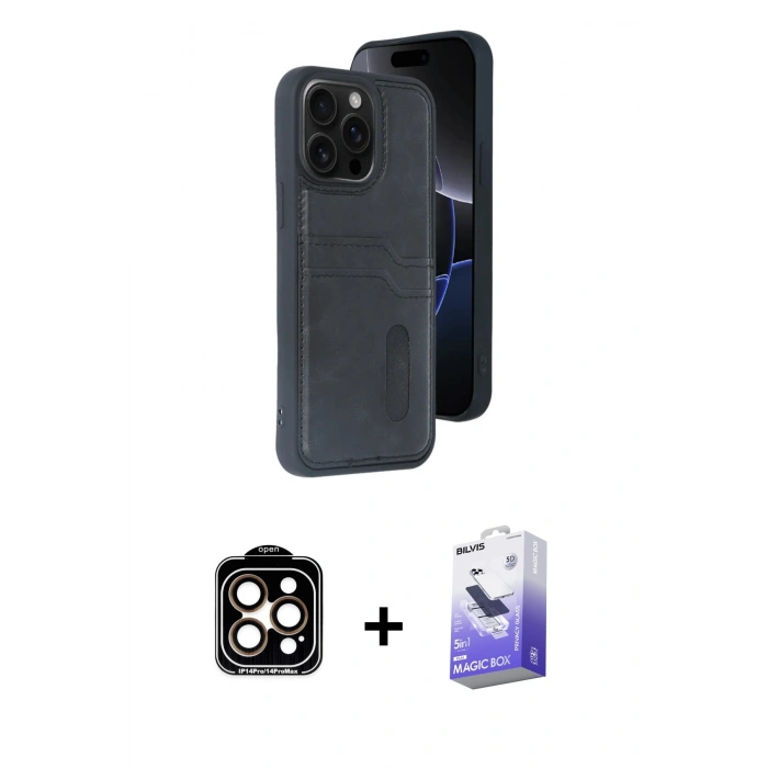 MARSİLYAN™- iPhone 14 Pro Max Kılıf Yörünge Işık Serisi - Siyah Bilvis 5in1 5D Magic Hayalet Cam Ekran Koruyucu + PVD Metal Kamera Lens - TU