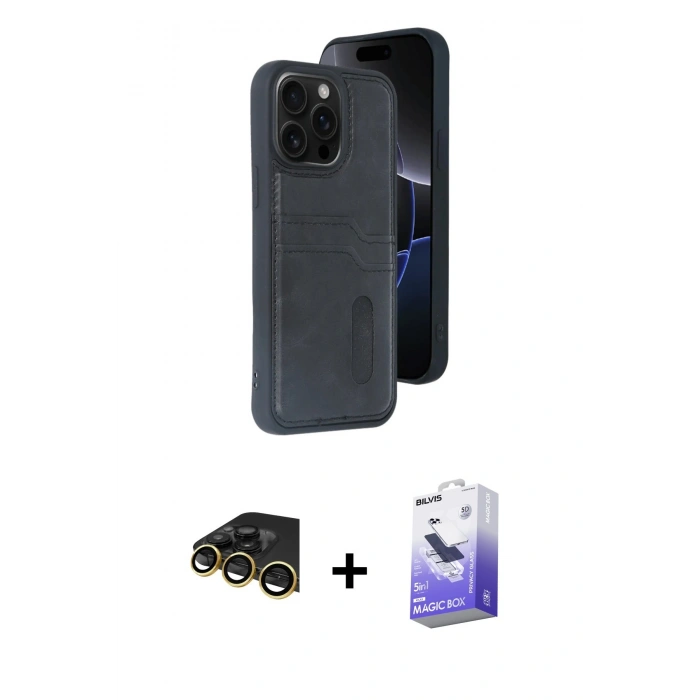 MARSİLYAN™- iPhone 14 Pro Max Kılıf Yörünge Işık Serisi - Siyah Bilvis 5in1 5D Magic Hayalet Cam Ekran Koruyucu + Raze Metal Kamera Lens - GD