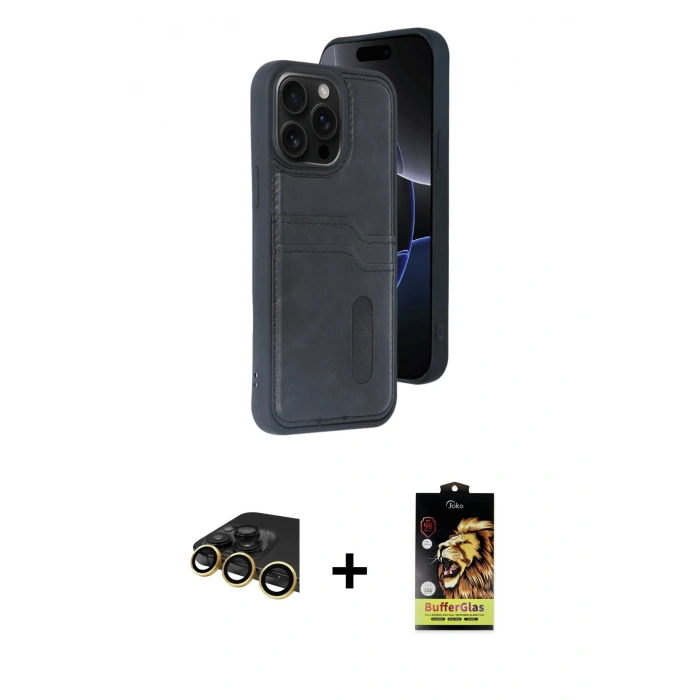 MARSİLYAN™- iPhone 14 Pro Max Kılıf Yörünge Işık Serisi - Siyah Buffer Cam Ekran Koruyucu + Raze Metal Kamera Lens - GD