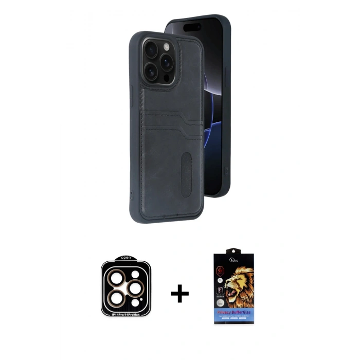 MARSİLYAN™- iPhone 14 Pro Max Kılıf Yörünge Işık Serisi - Siyah Buffer Hayalet Cam Ekran Koruyucu + PVD Metal Kamera Lens - TU