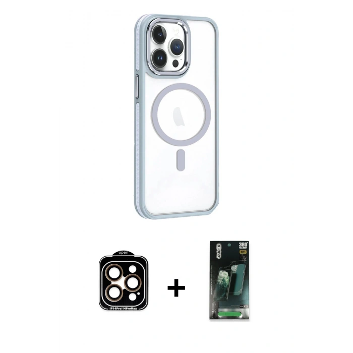 MARSİLYAN™- iPhone 14 Pro Max Kılıf Yörünge Klasik - Şeffaf 360 Full Body Arka Koruyucu + PVD Metal Kamera Lens - TU