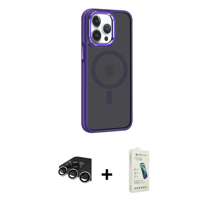 MARSİLYAN™- iPhone 14 Pro Max Kılıf Yörünge Klasik - Şeffaf Pasifik Cam Ekran Koruyucu + Raze Metal Kamera Lens - GS