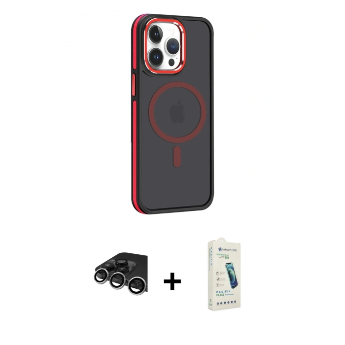 MARSİLYAN™- iPhone 14 Pro Max Kılıf Yörünge Klasik - Şeffaf Pasifik Cam Ekran Koruyucu + Raze Metal Kamera Lens - GS