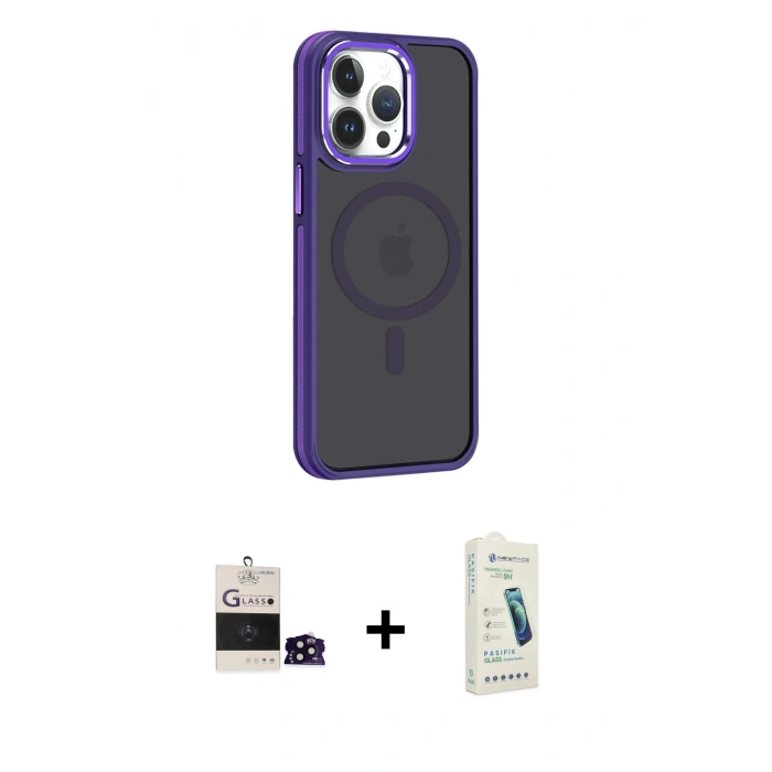 MARSİLYAN™- iPhone 14 Pro Max Kılıf Yörünge Klasik - Şeffaf Pasifik Cam Ekran Koruyucu + Bilvis Titan Kamera Lens - SH