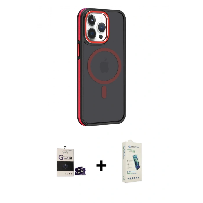 MARSİLYAN™- iPhone 14 Pro Max Kılıf Yörünge Klasik - Şeffaf Pasifik Cam Ekran Koruyucu + Bilvis Titan Kamera Lens - SH
