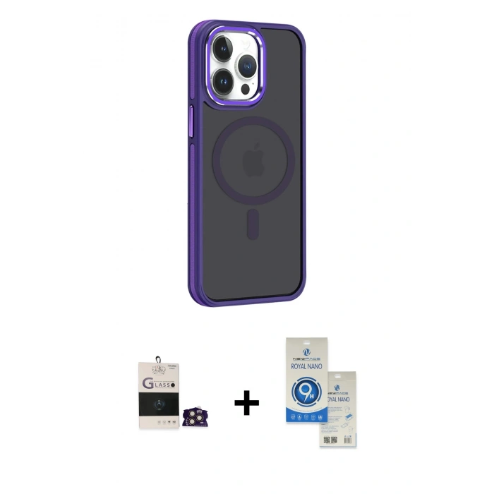 MARSİLYAN™- iPhone 14 Pro Max Kılıf Yörünge Klasik - Şeffaf Royal Nano Ekran Koruyucu + Bilvis Titan Kamera Lens - GD