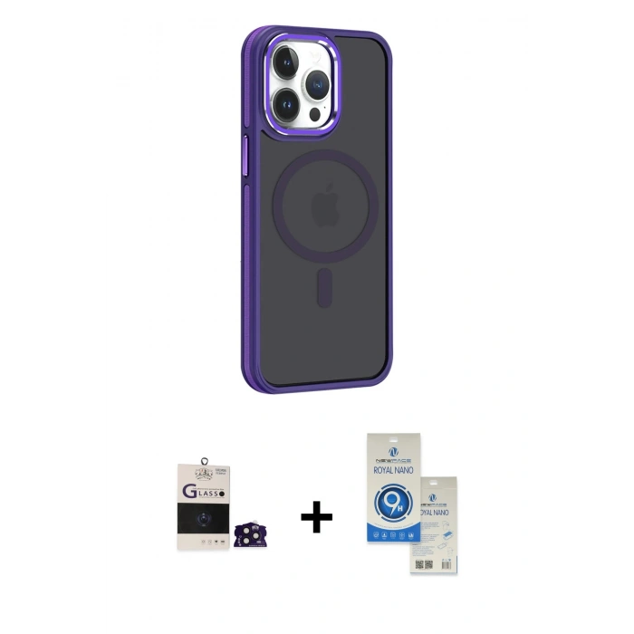 MARSİLYAN™- iPhone 14 Pro Max Kılıf Yörünge Klasik - Şeffaf Royal Nano Ekran Koruyucu + Bilvis Titan Kamera Lens - DNMR