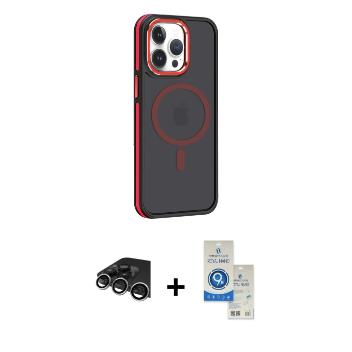 MARSİLYAN™- iPhone 14 Pro Max Kılıf Yörünge Klasik - Şeffaf Royal Nano Ekran Koruyucu + Raze Metal Kamera Lens - GS