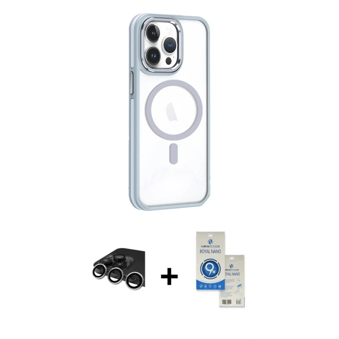 MARSİLYAN™- iPhone 14 Pro Max Kılıf Yörünge Klasik - Şeffaf Royal Nano Ekran Koruyucu + Raze Metal Kamera Lens - GS