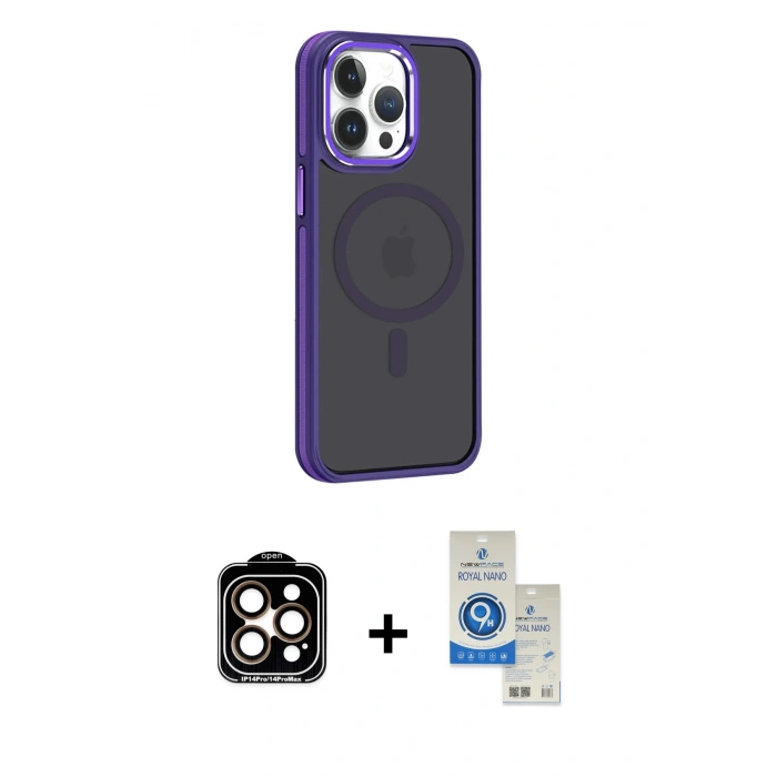 MARSİLYAN™- iPhone 14 Pro Max Kılıf Yörünge Klasik - Şeffaf Royal Nano Ekran Koruyucu + PVD Metal Kamera Lens - TU