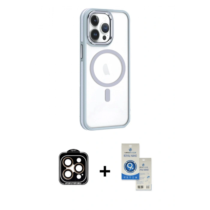 MARSİLYAN™- iPhone 14 Pro Max Kılıf Yörünge Klasik - Şeffaf Royal Nano Ekran Koruyucu + PVD Metal Kamera Lens - TU