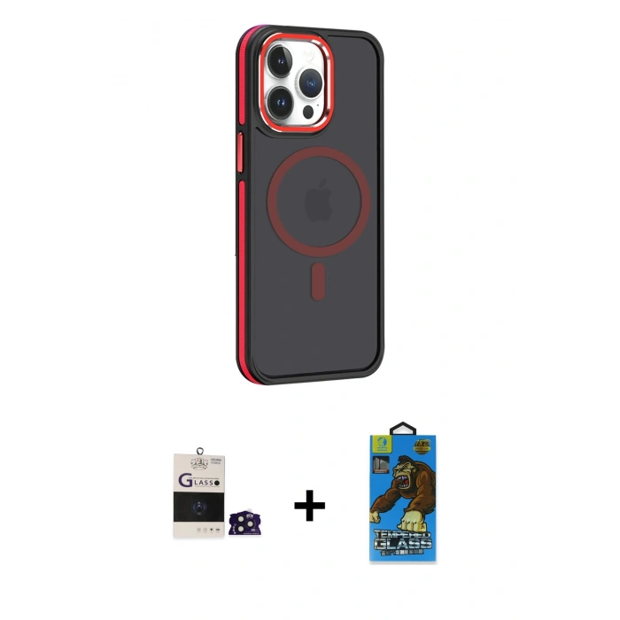 MARSİLYAN™- iPhone 14 Pro Max Kılıf Yörünge Klasik - Siyah 18D Cam Ekran Koruyucu + Bilvis Titan Kamera Lens - DNMR