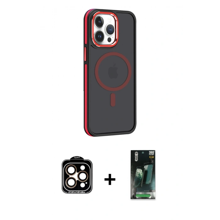 MARSİLYAN™- iPhone 14 Pro Max Kılıf Yörünge Klasik - Siyah 360 Mat Full Body Arka Koruyucu + PVD Metal Kamera Lens - TU