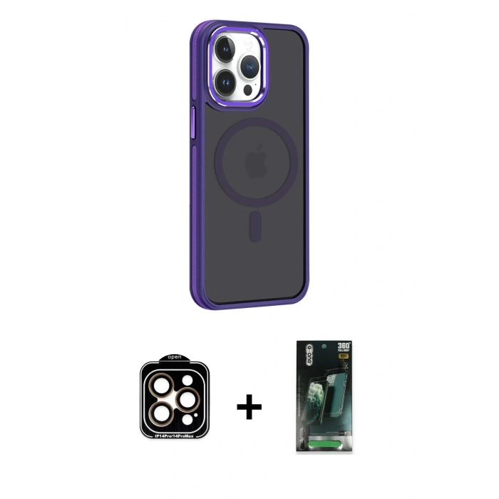 MARSİLYAN™- iPhone 14 Pro Max Kılıf Yörünge Klasik - Siyah 360 Mat Full Body Arka Koruyucu + PVD Metal Kamera Lens - TU