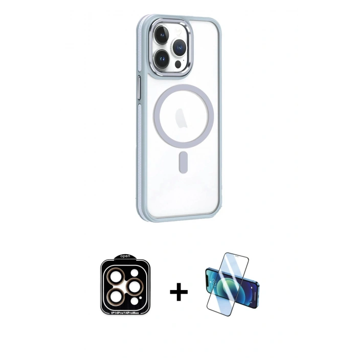 MARSİLYAN™- iPhone 14 Pro Max Kılıf Yörünge Klasik - Siyah 3D Antistatik Cam Ekran Koruyucu + PVD Metal Kamera Lens - TU