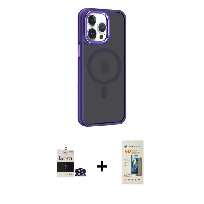 MARSİLYAN™- iPhone 14 Pro Max Kılıf Yörünge Klasik - Siyah 6D Mat Seramik Hayalet Nano Ekran Koruyucu + Derin Mor Bilvis Titan Kamera Lens