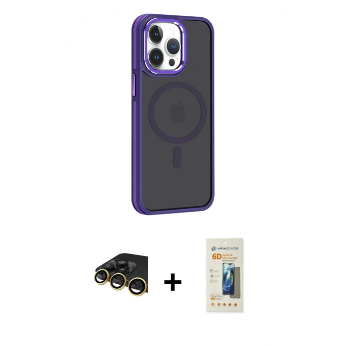 MARSİLYAN™- iPhone 14 Pro Max Kılıf Yörünge Klasik - Siyah 6D Mat Seramik Hayalet Nano Ekran Koruyucu + Raze Metal Kamera Lens - GD