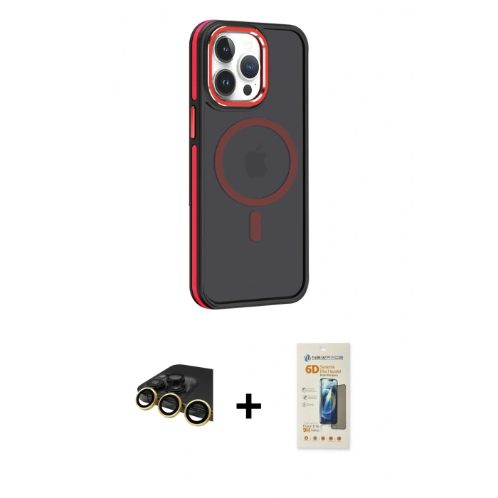 MARSİLYAN™- iPhone 14 Pro Max Kılıf Yörünge Klasik - Siyah 6D Mat Seramik Hayalet Nano Ekran Koruyucu + Raze Metal Kamera Lens - GD