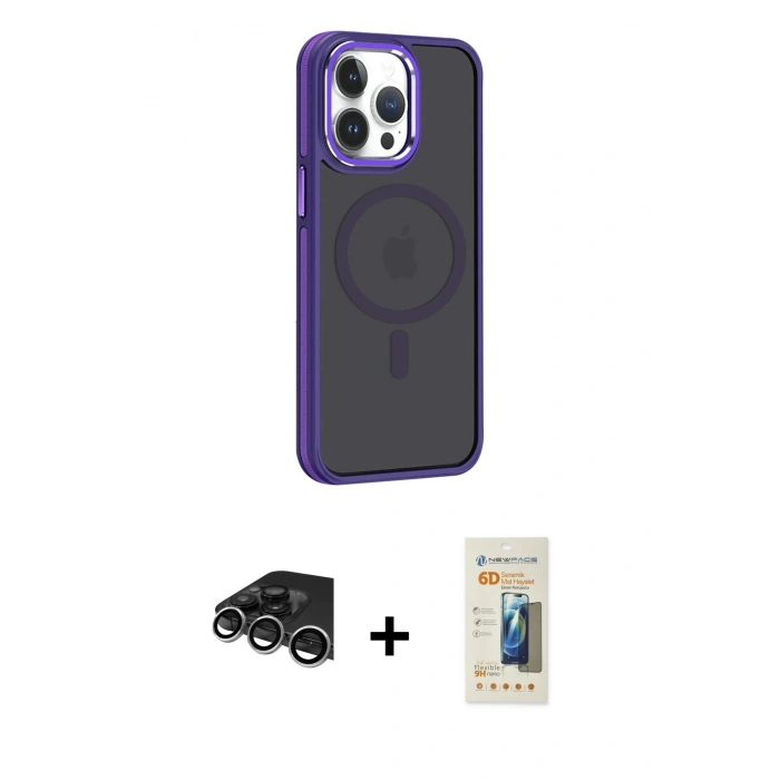 MARSİLYAN™- iPhone 14 Pro Max Kılıf Yörünge Klasik - Siyah 6D Mat Seramik Hayalet Nano Ekran Koruyucu + Raze Metal Kamera Lens - GS