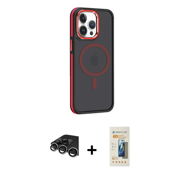 MARSİLYAN™- iPhone 14 Pro Max Kılıf Yörünge Klasik - Siyah 6D Mat Seramik Hayalet Nano Ekran Koruyucu + Raze Metal Kamera Lens - GS
