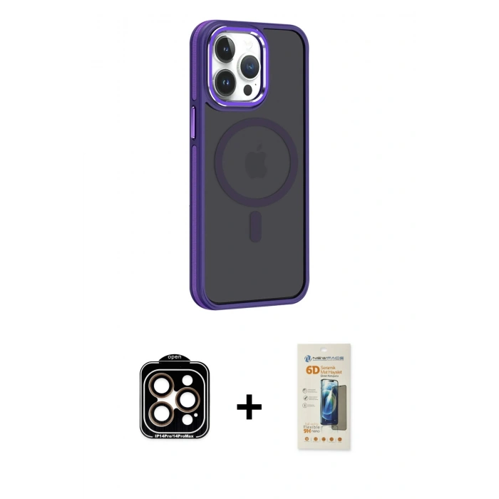 MARSİLYAN™- iPhone 14 Pro Max Kılıf Yörünge Klasik - Siyah 6D Mat Seramik Hayalet Nano Ekran Koruyucu + PVD Metal Kamera Lens - TU