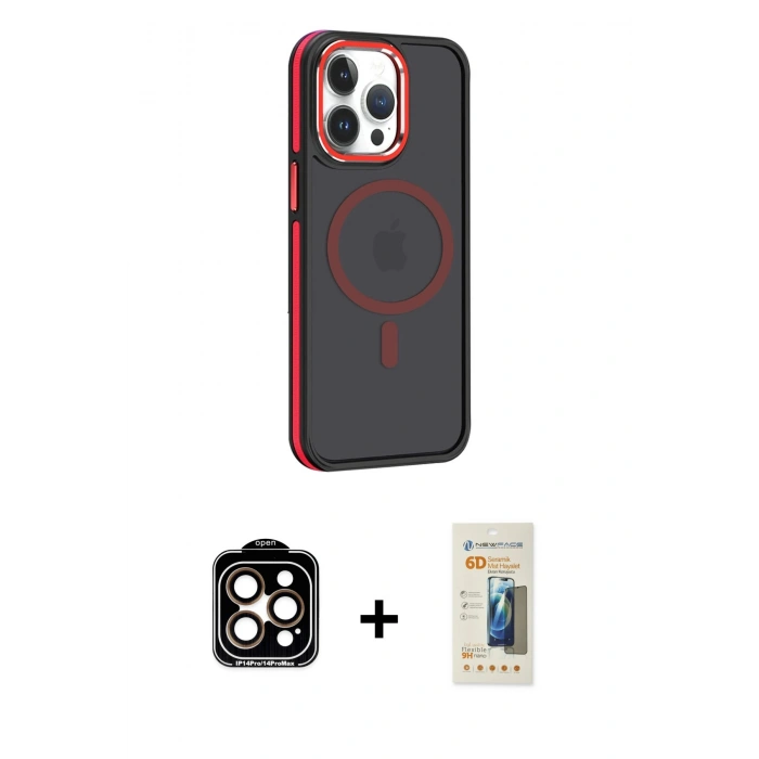 MARSİLYAN™- iPhone 14 Pro Max Kılıf Yörünge Klasik - Siyah 6D Mat Seramik Hayalet Nano Ekran Koruyucu + PVD Metal Kamera Lens - TU