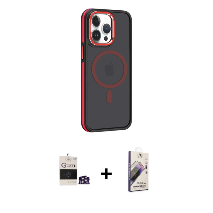 MARSİLYAN™- iPhone 14 Pro Max Kılıf Yörünge Klasik - Siyah Bilvis 3D Mat Cam Ekran Koruyucu + Bilvis Titan Kamera Lens - GS