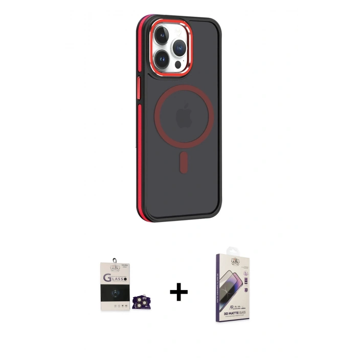 MARSİLYAN™- iPhone 14 Pro Max Kılıf Yörünge Klasik - Siyah Bilvis 3D Mat Cam Ekran Koruyucu + Bilvis Titan Kamera Lens - GD