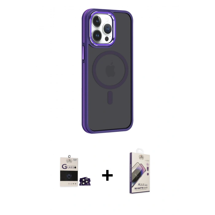 MARSİLYAN™- iPhone 14 Pro Max Kılıf Yörünge Klasik - Siyah Bilvis 3D Mat Cam Ekran Koruyucu + Bilvis Titan Kamera Lens - DNMR
