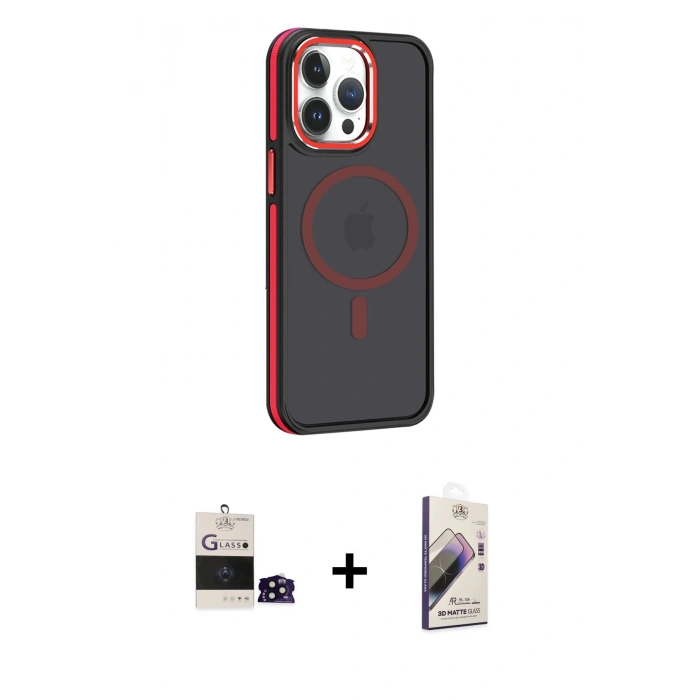 MARSİLYAN™- iPhone 14 Pro Max Kılıf Yörünge Klasik - Siyah Bilvis 3D Mat Cam Ekran Koruyucu + Bilvis Titan Kamera Lens - SH