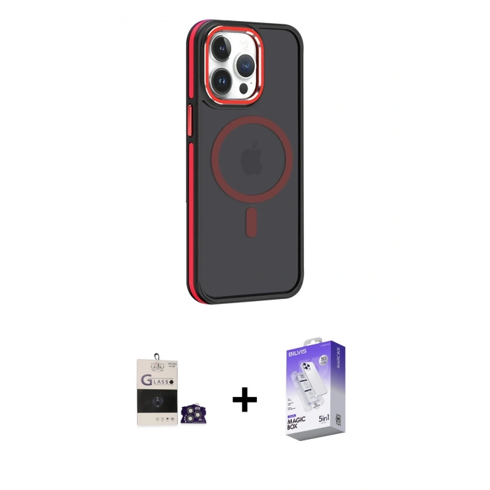 MARSİLYAN™- iPhone 14 Pro Max Kılıf Yörünge Klasik - Siyah Bilvis 5in1 3D Magic Cam Ekran Koruyucu + Bilvis Titan Kamera Lens - GS
