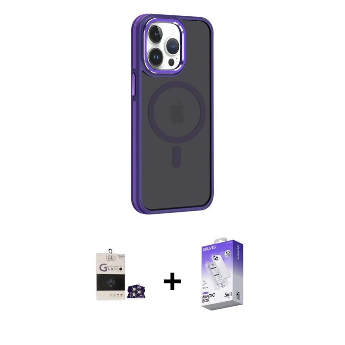 MARSİLYAN™- iPhone 14 Pro Max Kılıf Yörünge Klasik - Siyah Bilvis 5in1 3D Magic Cam Ekran Koruyucu + Bilvis Titan Kamera Lens - GS