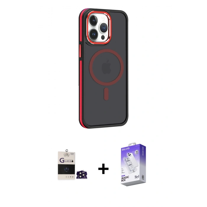 MARSİLYAN™- iPhone 14 Pro Max Kılıf Yörünge Klasik - Siyah Bilvis 5in1 3D Magic Cam Ekran Koruyucu + Bilvis Titan Kamera Lens - DNMR