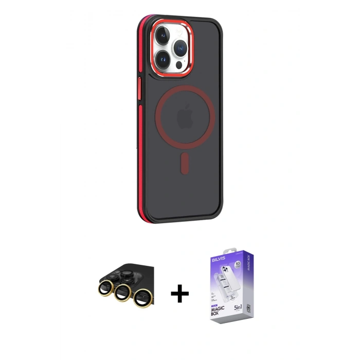 MARSİLYAN™- iPhone 14 Pro Max Kılıf Yörünge Klasik - Siyah Bilvis 5in1 3D Magic Cam Ekran Koruyucu + Gold Raze Metal Kamera Lens