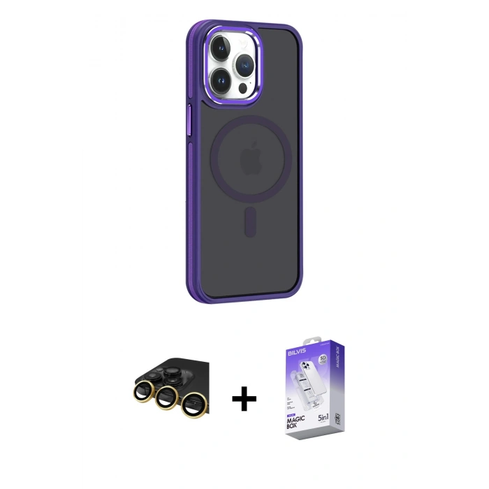MARSİLYAN™- iPhone 14 Pro Max Kılıf Yörünge Klasik - Siyah Bilvis 5in1 3D Magic Cam Ekran Koruyucu + Gold Raze Metal Kamera Lens