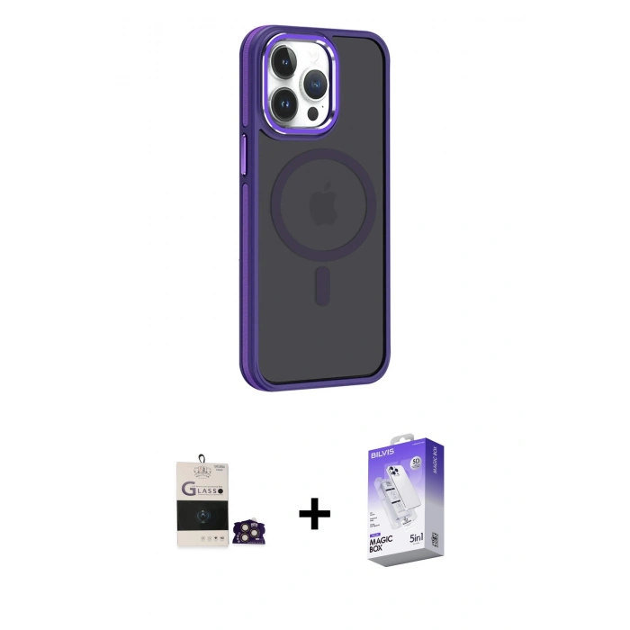 MARSİLYAN™- iPhone 14 Pro Max Kılıf Yörünge Klasik - Siyah Bilvis 5in1 3D Magic Cam Ekran Koruyucu + Gold Bilvis Titan Kamera Lens