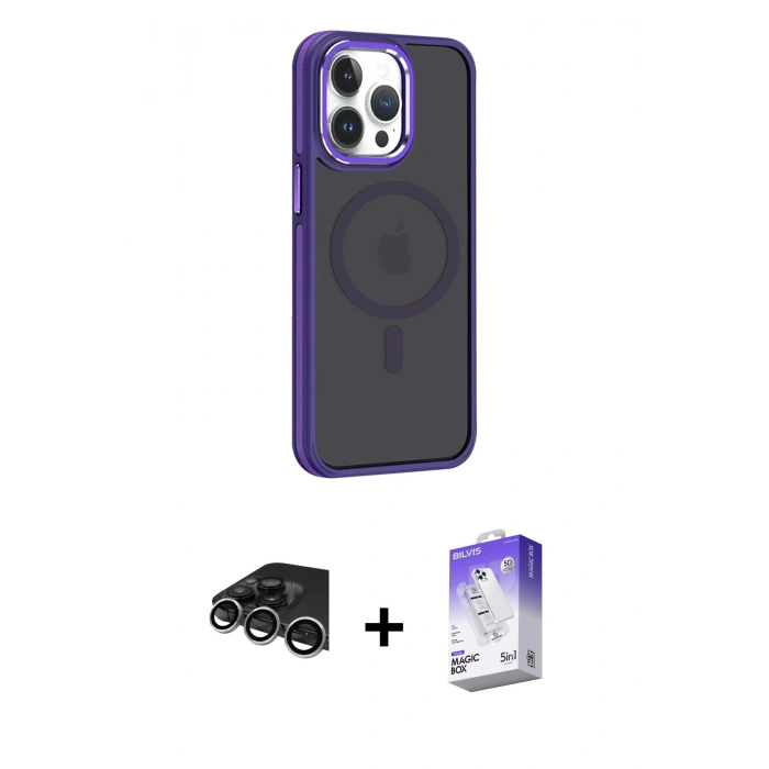 MARSİLYAN™- iPhone 14 Pro Max Kılıf Yörünge Klasik - Siyah Bilvis 5in1 3D Magic Cam Ekran Koruyucu + Raze Metal Kamera Lens - GS