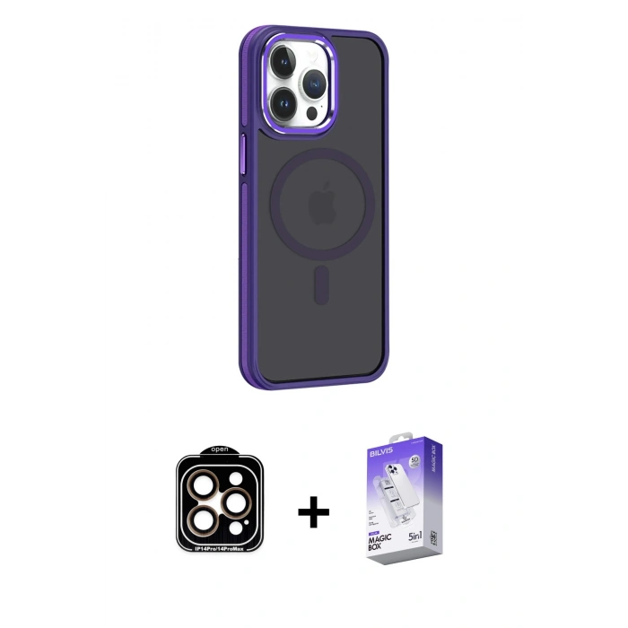 MARSİLYAN™- iPhone 14 Pro Max Kılıf Yörünge Klasik - Siyah Bilvis 5in1 3D Magic Cam Ekran Koruyucu + PVD Metal Kamera Lens - TU