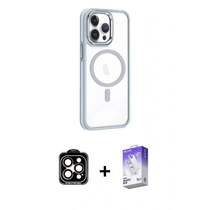 MARSİLYAN™- iPhone 14 Pro Max Kılıf Yörünge Klasik - Siyah Bilvis 5in1 3D Magic Cam Ekran Koruyucu + PVD Metal Kamera Lens - TU