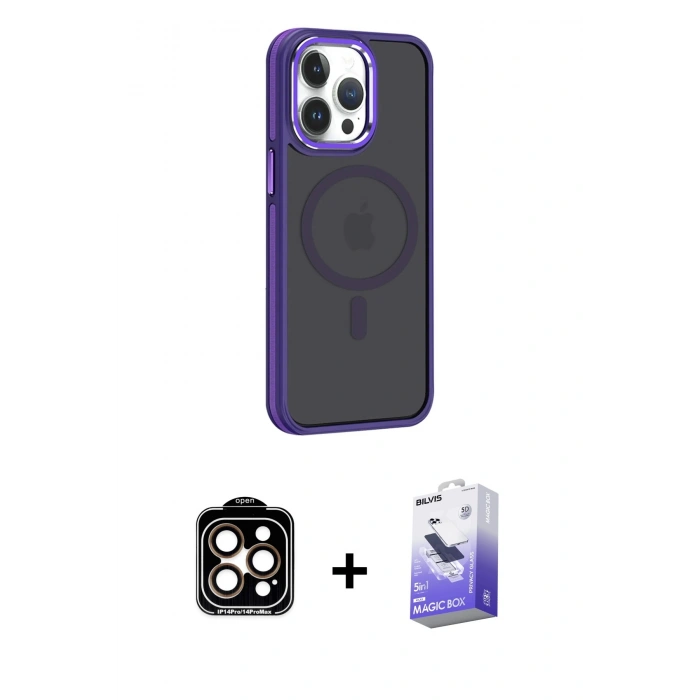 MARSİLYAN™- iPhone 14 Pro Max Kılıf Yörünge Klasik - Siyah Bilvis 5in1 5D Magic Hayalet Cam Ekran Koruyucu + Turuncu PVD Metal Kamera Lens