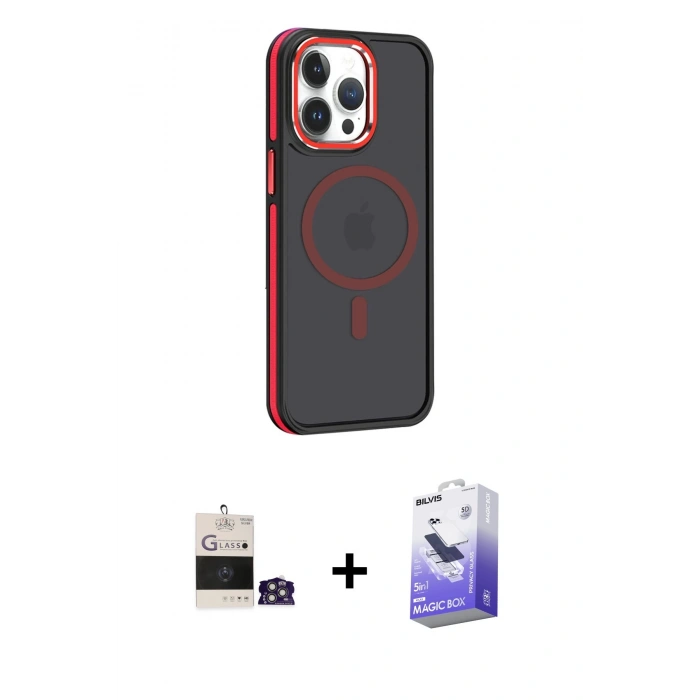 MARSİLYAN™- iPhone 14 Pro Max Kılıf Yörünge Klasik - Siyah Bilvis 5in1 5D Magic Hayalet Cam Ekran Koruyucu + Bilvis Titan Kamera Lens - GS