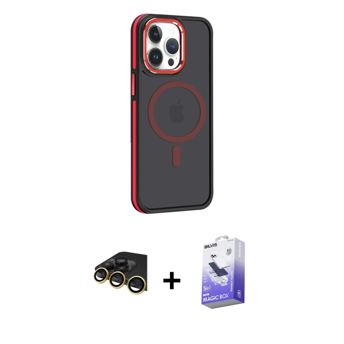 MARSİLYAN™- iPhone 14 Pro Max Kılıf Yörünge Klasik - Siyah Bilvis 5in1 5D Magic Hayalet Cam Ekran Koruyucu + Raze Metal Kamera Lens - GD