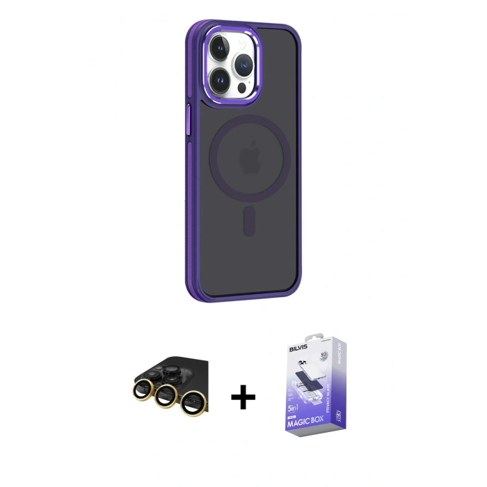 MARSİLYAN™- iPhone 14 Pro Max Kılıf Yörünge Klasik - Siyah Bilvis 5in1 5D Magic Hayalet Cam Ekran Koruyucu + Raze Metal Kamera Lens - GD