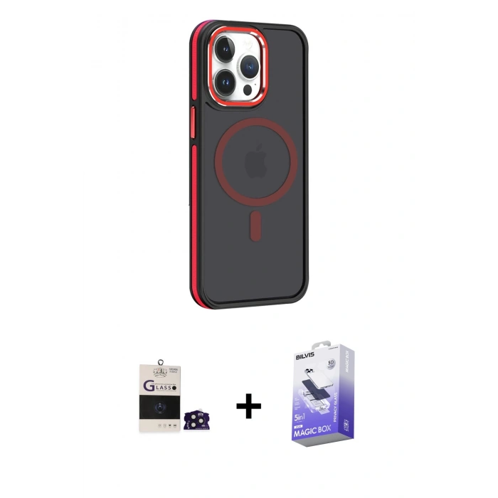 MARSİLYAN™- iPhone 14 Pro Max Kılıf Yörünge Klasik - Siyah Bilvis 5in1 5D Magic Hayalet Cam Ekran Koruyucu + Bilvis Titan Kamera Lens - DNMR
