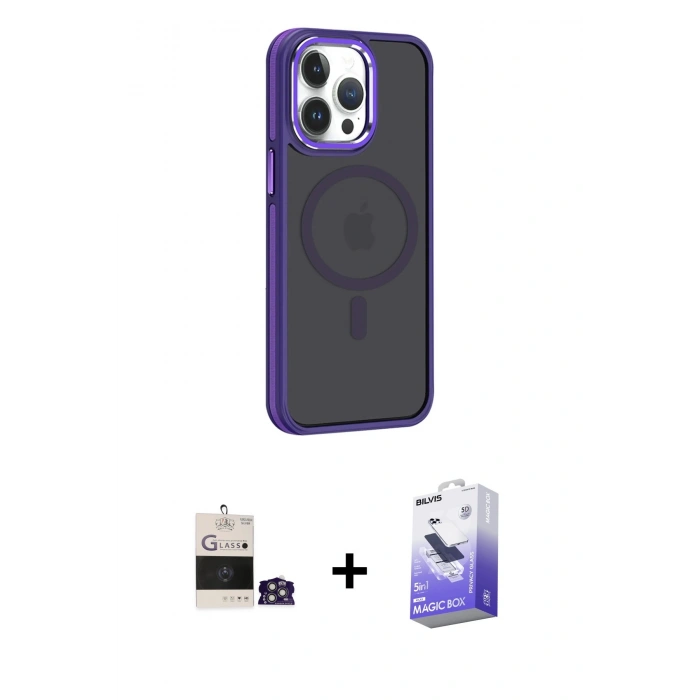 MARSİLYAN™- iPhone 14 Pro Max Kılıf Yörünge Klasik - Siyah Bilvis 5in1 5D Magic Hayalet Cam Ekran Koruyucu + Bilvis Titan Kamera Lens - GS